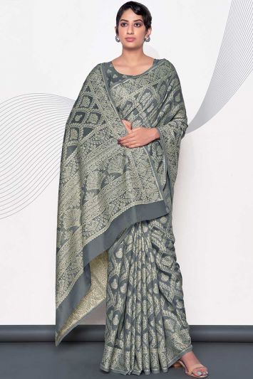 Buy Women Grey Color Lucknowi Cotton Fabric Saree