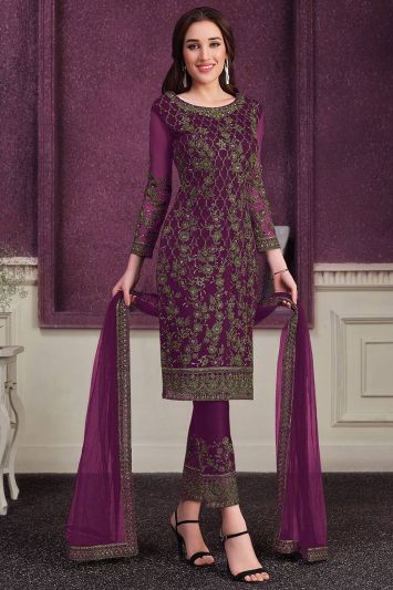 Buy Zari Embroidered Butterfly Net Straight Pant Suit in Purple Color