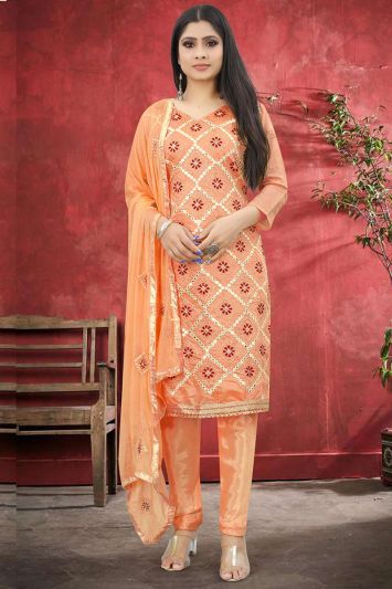 Casual Orange Color Cotton Silk Fabric Salwar Kameez