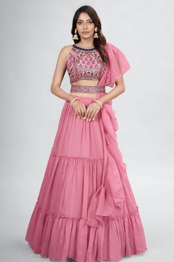 Chiffon Fabric Wedding Wear Lehenga Choli in Pink Color