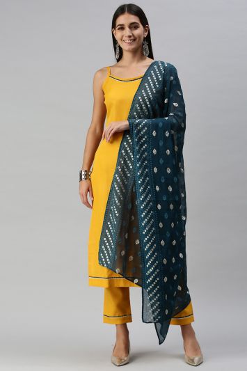 Cotton Blended Fabric Straight Pant Suit in Yellow Color