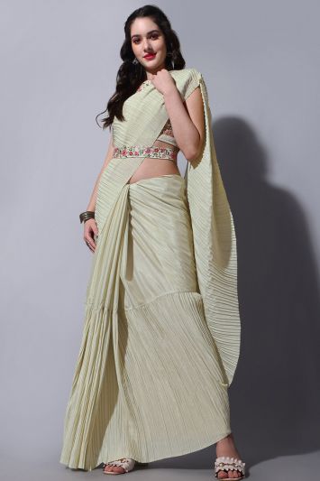 Cream Chinon Designer Saree