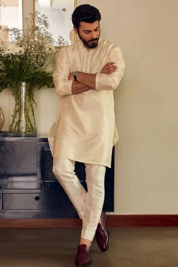 Cream Color Silk Fabric Festive Wear Kurta Pajama