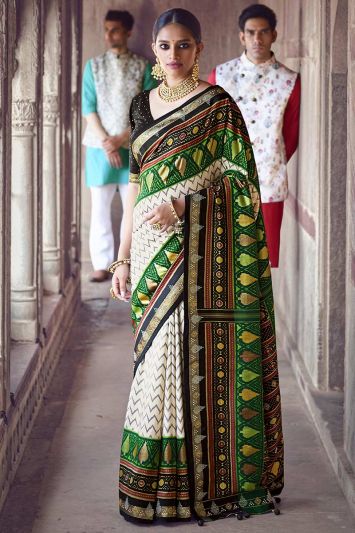 Cream Colour Patola Silk Saree and Black Blouse For Party
