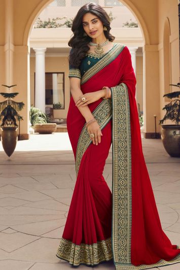 Crimson Red Color Vichitra Silk Fabric Saree