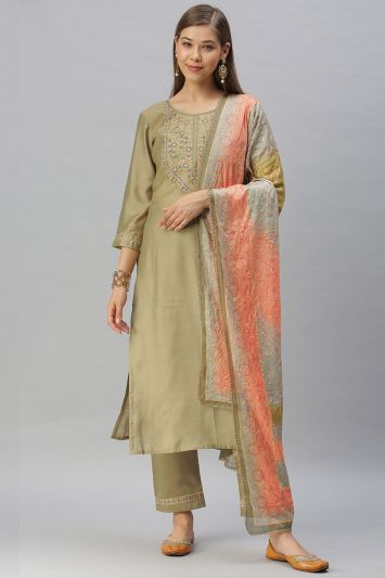 Dark Beige Color Jasmine Silk Blend Fabric Salwar Suit