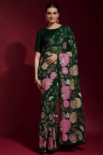 Dark Green Color Banglori Silk Fabric Saree
