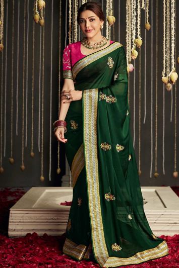 Dark Green Color Silk Fabric Saree with Stone Work