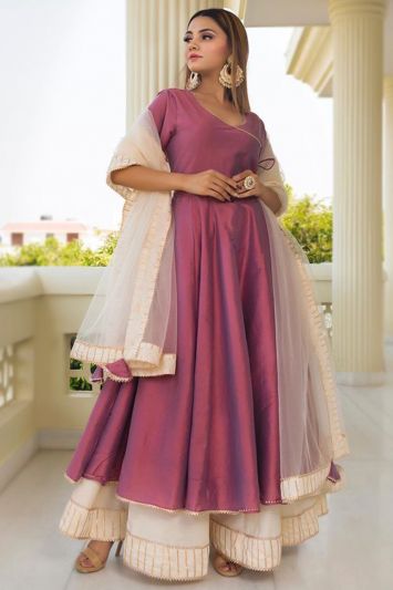 Designer Cotton Silk Fabric Anarkali Suit in Purple Color