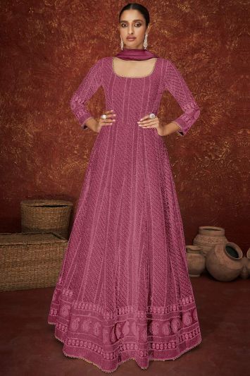 Designer Faux Georgette Fabric Anarkali Suit in Pink Color