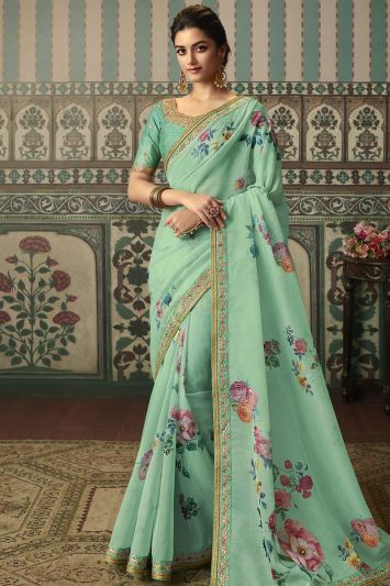 Designer Floral Printed Organza Silk Saree with Premium Lace