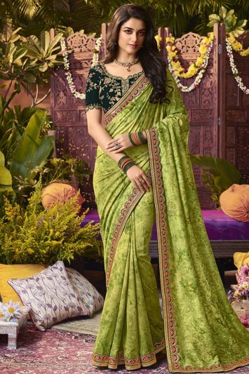 Designer Green Printed Vichitra Silk Diamond Work Saree