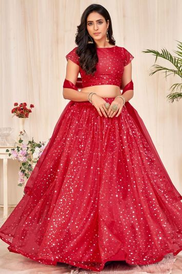 Designer Heavy Net Fabric Lehenga Choli in Red Color