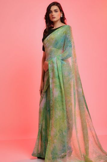 Designer Light Green Color Chiffon Fabric Saree