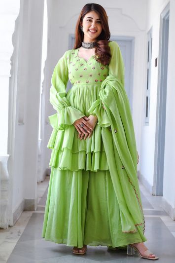 Designer Parrot Green Color Mulmul Fabric Sharara Suit