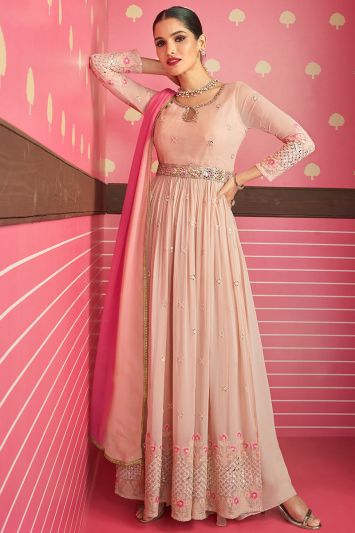 Designer Peach Color Georgette Fabric Anarkali Suit