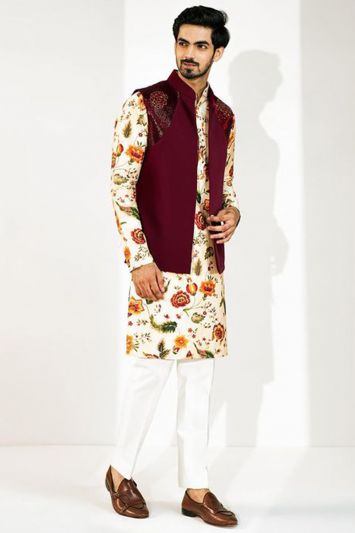 Designer Printed Silk Fabric Indo Western in Multi Color