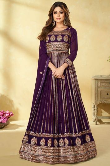 Designer Purple Color Real Georgette Fabric Anarkali Suit