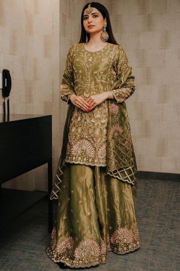 Designer Satin Silk Fabric Long Lehenga Choli in Green Color