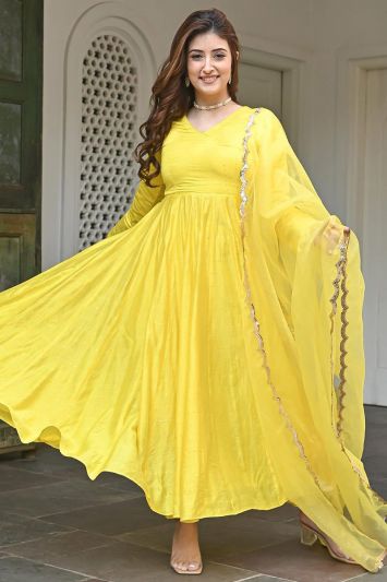 Designer Silk Fabric Anarakali Suit in Yellow Color