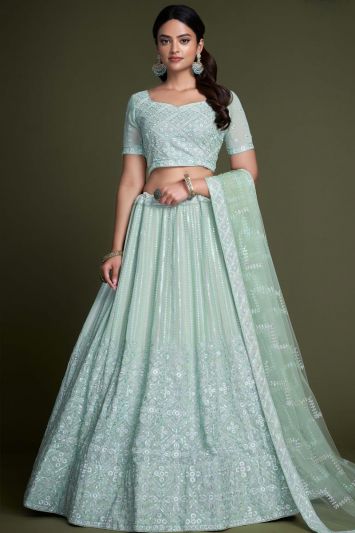 Designer Turquoise Color Georgette Lehenga Choli