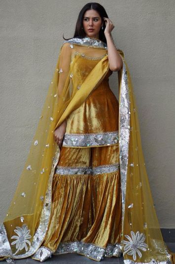 Designer Velvet Fabric Sharara Suit in Yellow Color
