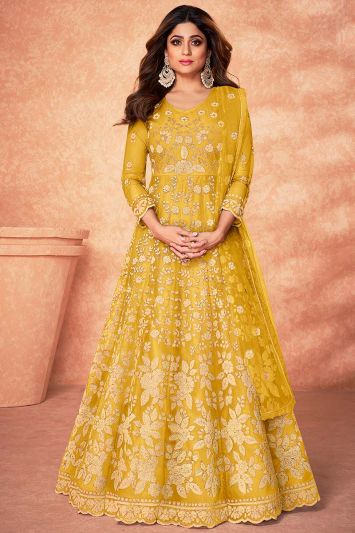 Designer Yellow Color Diamond Net Anarkali Suit