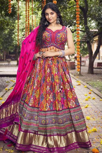 Digital Printed Gajji Silk Fabric Lehenga Choli in Pink and Yellow Color
