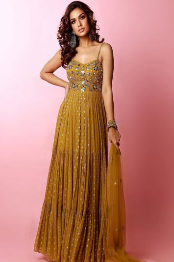 Divya Agarwal Yellow Stylish Anarkali Suit
