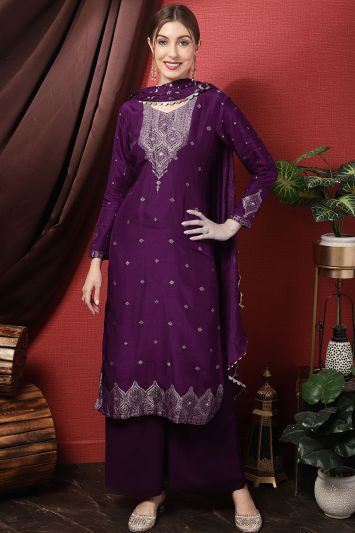 Dola Silk Festive Wear Palazzo Suit in Purple Color