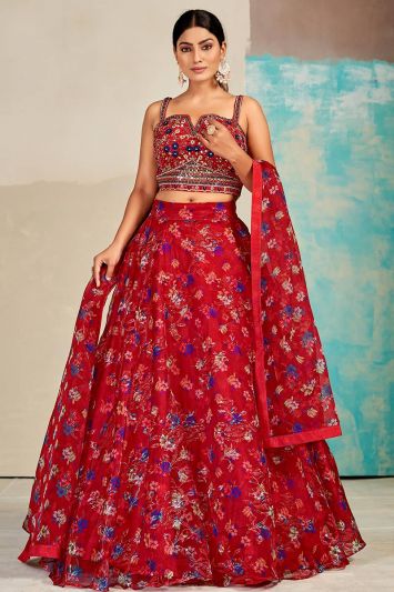 Embellished Red Organza Lehenga Choli