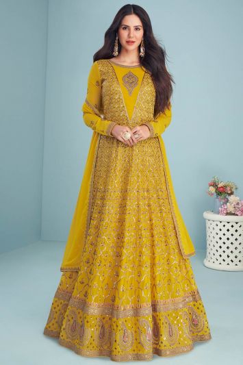 Emboidered Real Georgette Fabric Anarkali Suit in Yellow Color