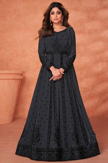 Embroidered Black Colored Real Georgette Anarkali Suit