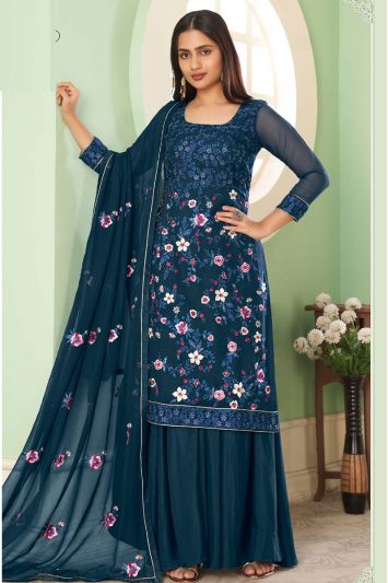 Embroidered Blue Color Georgette Fabric Palazzo Suit