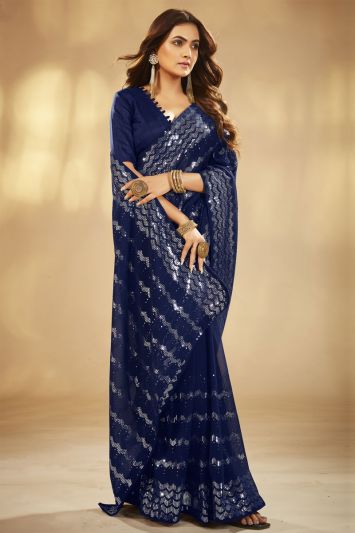 Embroidered Blue Color Georgette Saree