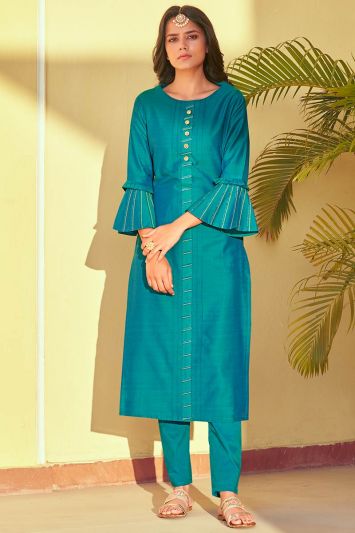 Embroidered Blue Color Viscose Fabric Straight Pant Suit