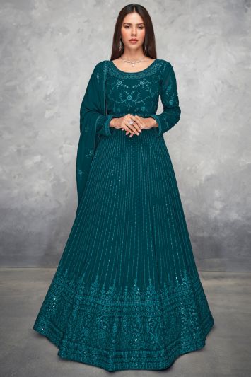 Embroidered Blue Real Georgette Anarkali Suit For Eid