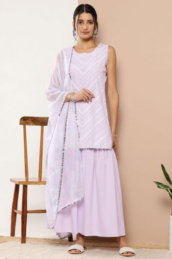 Embroidered Crepe Fabric Sharara Suit in Lavender Color