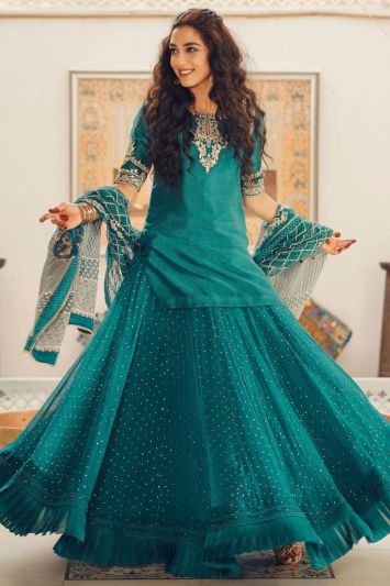 Embroidered Georgette Long Lehenga Choli Suit in Blue Color