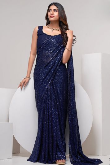 Embroidered Georgette Saree in Blue Color