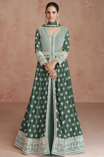 Embroidered Green Georgette Gown