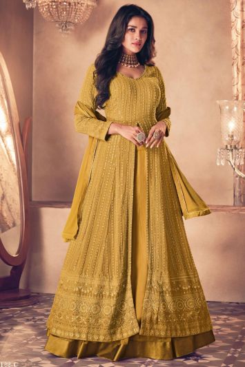 Embroidered Mustard Real Georgette Anarkali Suit