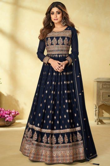 Embroidered Navy Blue Color Real Georgette Fabric Anarkali Suit