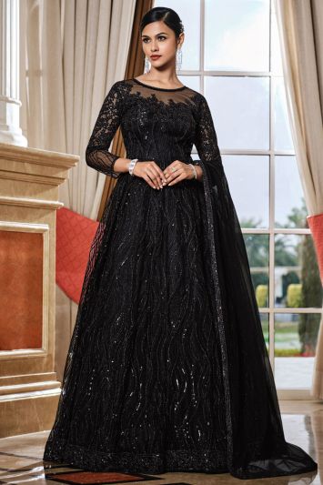 Embroidered Net fabric Party Wear Anarkali Suit in Black Color