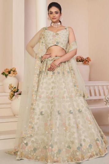 Embroidered Net Lehenga Choli in White Color