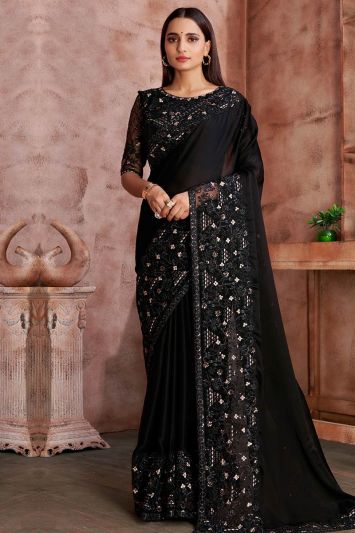 Embroidered Satin Georgette Fabric Saree in Black Color