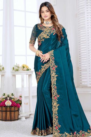 Embroidered Silk Crepe Fabric Saree in Blue Color