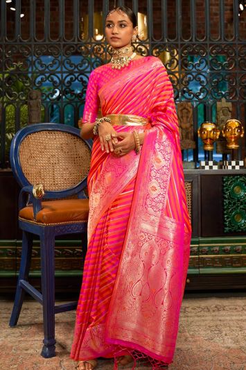 Embroidered Silk Fabric Saree in Pink Color