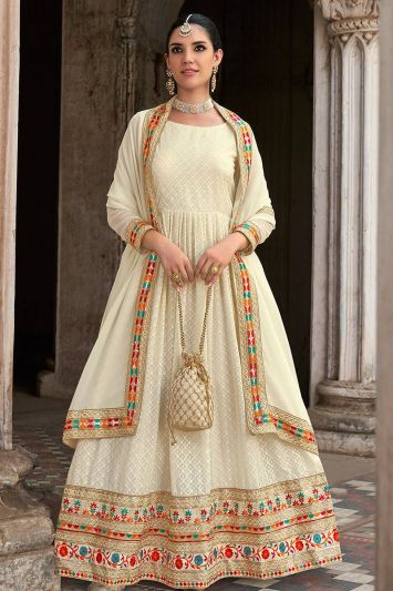 Embroidered White Color Real Georgette Fabric Anarkali Suit