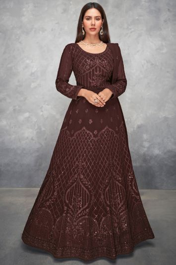 Ethnic Brown Real Georgette Anarkali Suit